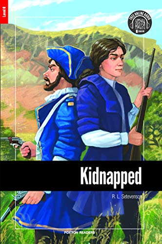 "Book cover of 'Kidnapped' showing two men in blue, one holding a gun."