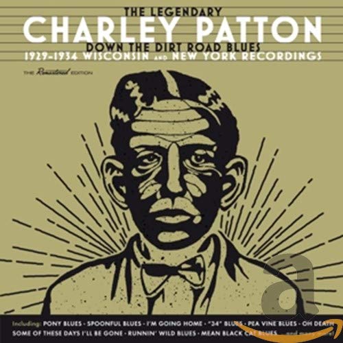 "CD cover featuring an illustration of Charley Patton on a muted green background."