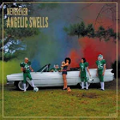 "Album cover featuring four people and a white convertible car against a colorful background."
