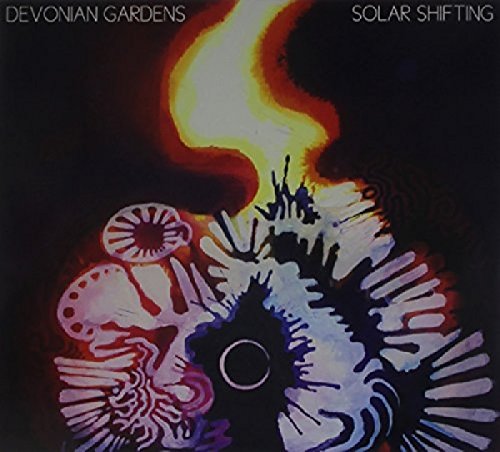 The image depicts the album cover for "Devonian Gardens - Solar Shifting". Alt text: Abstract album cover art with colorful shapes and text on a black background.