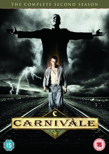 DVD cover for Carnivale Season 2, featuring a man on train tracks with a giant figure.