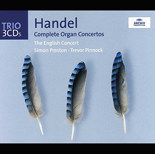 "CD cover with three feathers and text describing Handel's organ concertos."