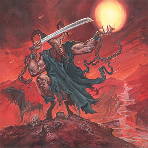 "Black vinyl record with cover art featuring a muscular demon holding a sword."
