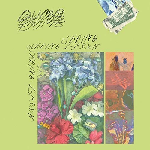 The image shows a vinyl record cover with a light green background and a central collage. alt text: "Vinyl record cover with green background and floral collage."