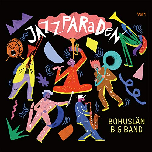 "CD cover art featuring cartoon musicians playing instruments on a black background."