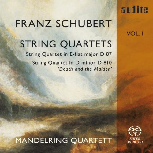 CD cover featuring an abstract painting with text overlay, displaying "Franz Schubert String Quartets".