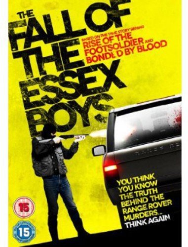 "DVD cover with a man shooting from a car, on a yellow background."