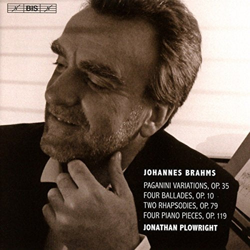 Sepia-toned CD cover with a man looking left, text listing Brahms' compositions.