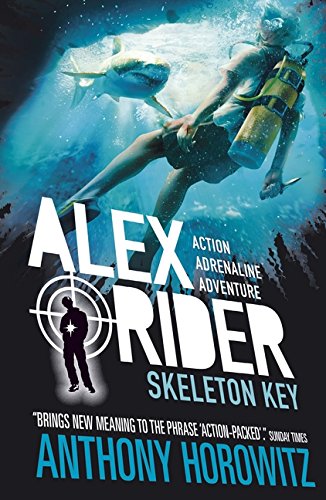 "Book cover with diver underwater and title 'Alex Rider Skeleton Key' by Anthony Horowitz."