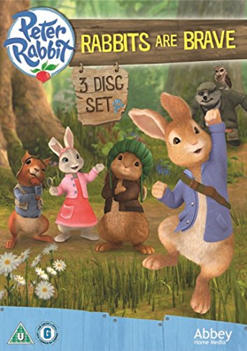 "Peter Rabbit DVD cover featuring animated rabbits in a forest, with a wooden sign."