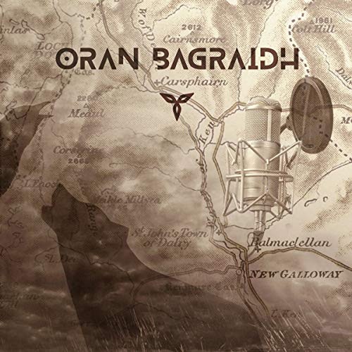 "Sepia-toned album cover with microphone and map, titled 'Oran Bagraidh'."