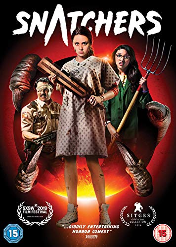 "DVD cover for 'Snatchers' featuring three people and monstrous hands against a red background."