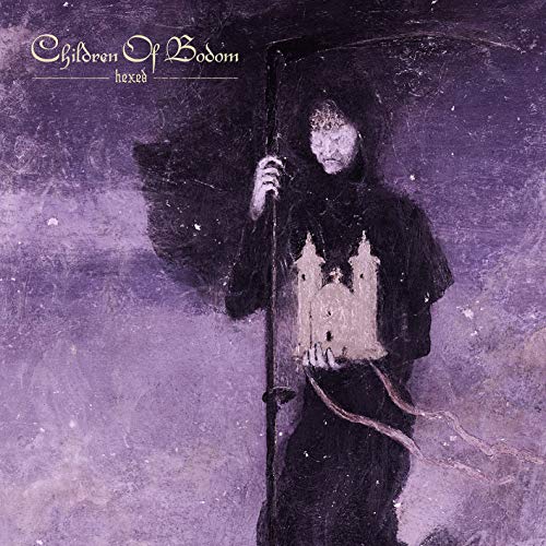 "Album cover art: hooded figure holding umbrella, purple-toned, with 'Children Of Bodom hexed' text."