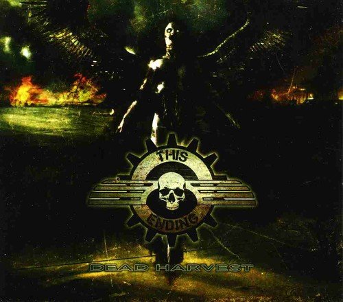"Album cover for 'This Ending' by 3JS, featuring a dark, ominous figure with large wings standing in front of a burning background, with a gear-shaped logo and the text 'Dead Harvest' at the bottom."