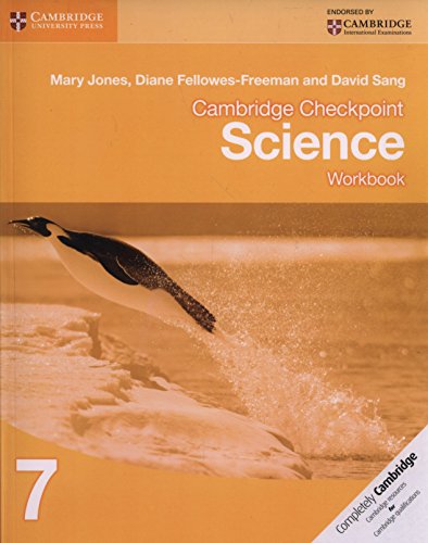 "Book cover with penguin jumping out of water, orange background, white text 'Cambridge Checkpoint Science Workbook 7'."
