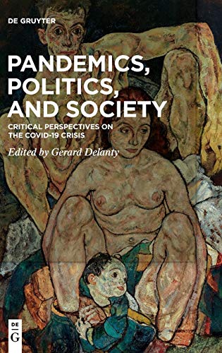 Book cover with abstract painting and title "Pandemics, Politics, and Society" in white text.