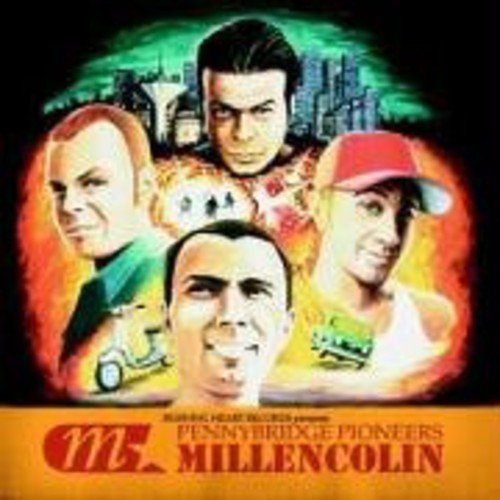 "Album cover with four men's portraits and cityscape, on black and orange background."