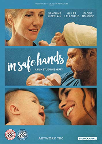 "DVD cover for 'In Safe Hands' with images of adults and babies on blue background."