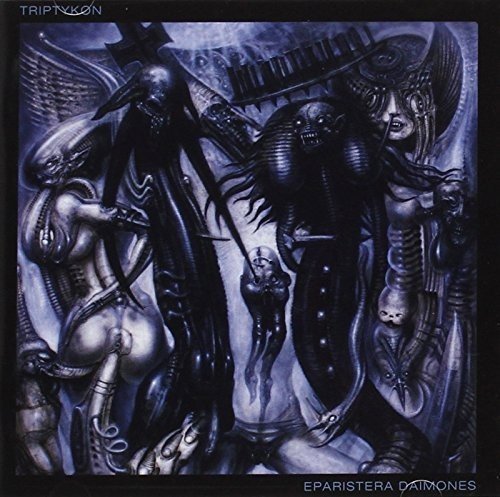 "Album cover art featuring dark, gothic illustration of twisted, biomechanical figures and demons."