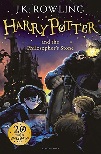 "Book cover of 'Harry Potter and the Philosopher's Stone' featuring Harry and friends with Hagrid."