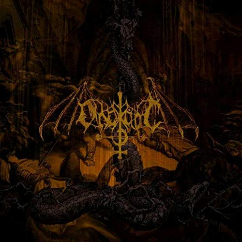 The image shows a dark, gothic artwork with a yellow logo. For accessibility purposes, a concise alt text could be: "Dark artwork with yellow gothic logo and dragon-like creatures."