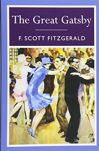 "The Great Gatsby" book cover with dancing couple illustration on purple background.