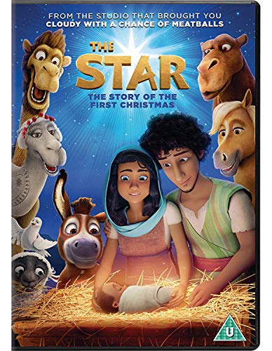 "The Star" DVD cover featuring Mary, Joseph, and baby Jesus surrounded by animated animals.