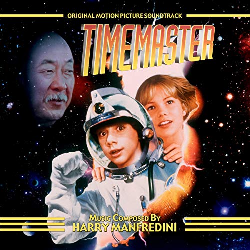 "Album cover for 'Timemaster' soundtrack featuring an astronaut, a woman, and a man's face."