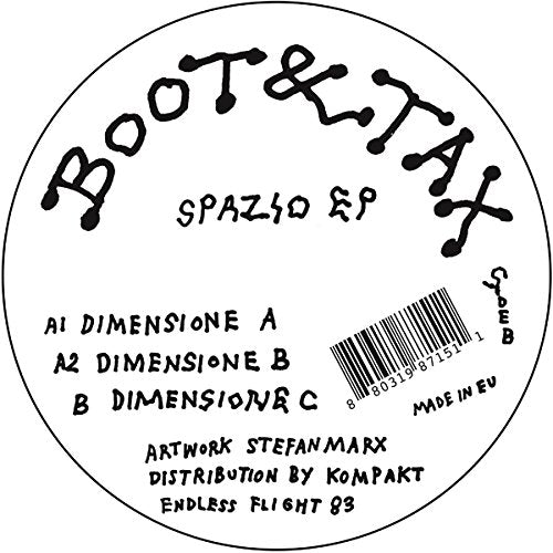 White vinyl record label with black text and a barcode.