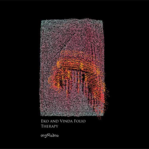 "Eko & Vinda Folio vinyl album cover with pixelated, multicolored image on a black background."