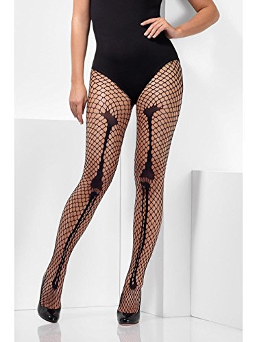 Woman wearing black fishnet tights with skeleton bone design, standing against a white background.