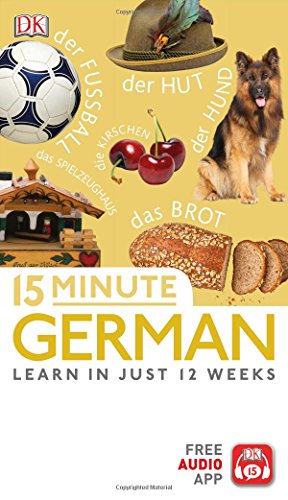 "Book cover with yellow background, images, and German vocabulary, titled '15 Minute German'."