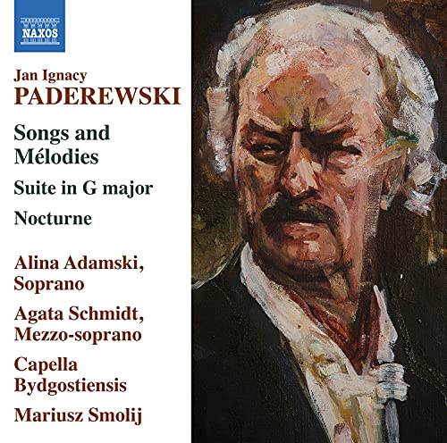 "CD cover with portrait of Jan Ignacy Paderewski and text listing musical pieces and performers."
