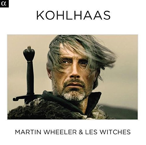 "Album cover with a man holding a sword, gray hair blowing in the wind."