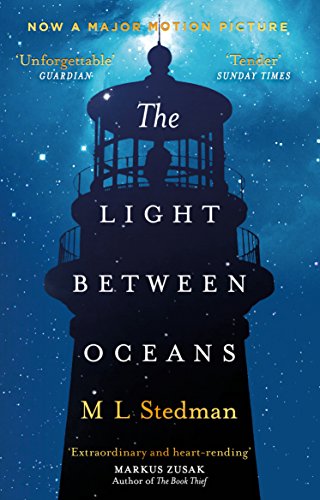 "The Light Between Oceans" book cover featuring a lighthouse silhouette against a starry night sky.