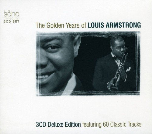 Louis Armstrong's CD cover with black and white photos of him smiling and playing trumpet.