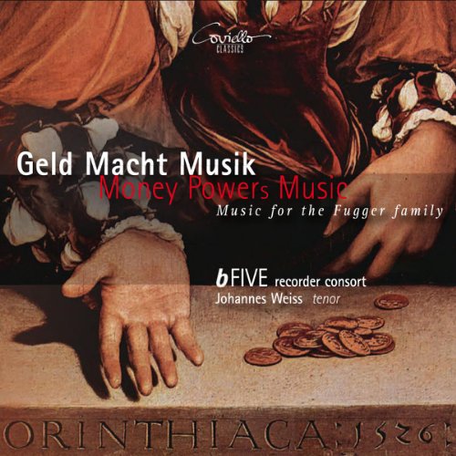 CD cover featuring hands holding coins, with title "Money Powers Music" and performer details.