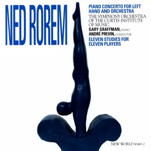 "CD cover art featuring a dark blue abstract sculpture against a white background, with the title 'Piano Concerto' and artist's name 'Ned Rorem' prominently displayed."