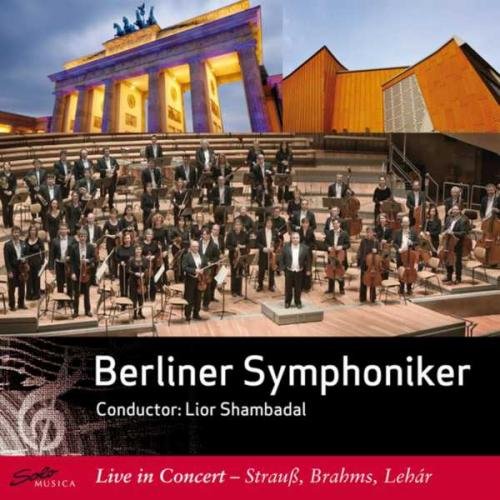 "CD cover featuring the Berliner Symphoniker orchestra on steps with Brandenburg Gate behind."