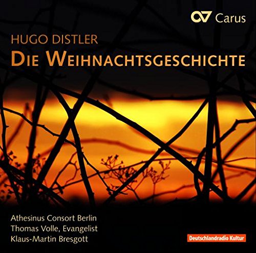 "CD cover with orange sunset and tree branches, featuring Hugo Distler's 'Die Weihnachtsgeschichte'."