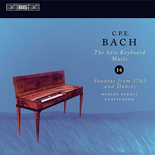 CD cover with clavichord image on blue background, featuring C.P.E. Bach's solo keyboard music.