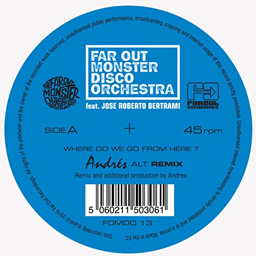 Blue vinyl record label with white text and a barcode at the bottom.