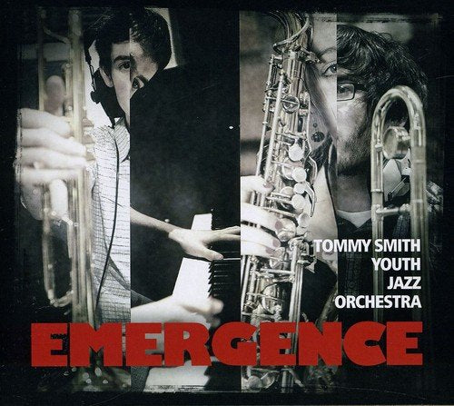 "Album cover with black and white images of musicians and red 'EMERGENCE' text."