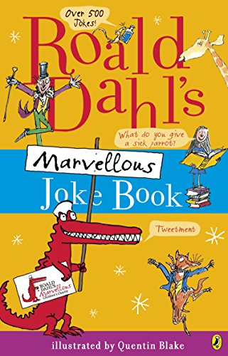 "Book cover featuring Roald Dahl's Marvellous Joke Book with whimsical illustrations on a yellow background."