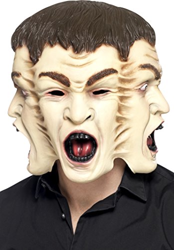 Man wearing a pale, three-faced latex mask with open mouths and dark hair.
