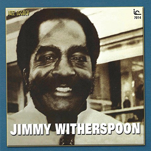 "Album cover with a black-and-white photo of Jimmy Witherspoon on a blue background."