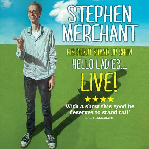 "CD cover featuring comedian Stephen Merchant on a green field with blue sky."