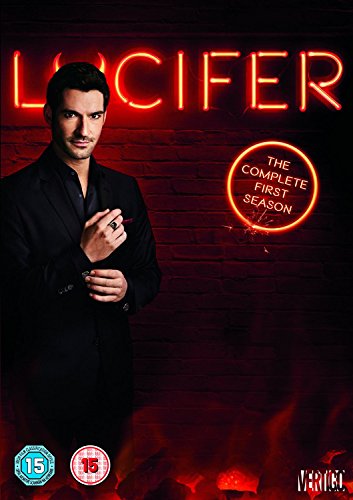 DVD cover for "Lucifer S1" featuring Tom Ellis in a suit against a red background.