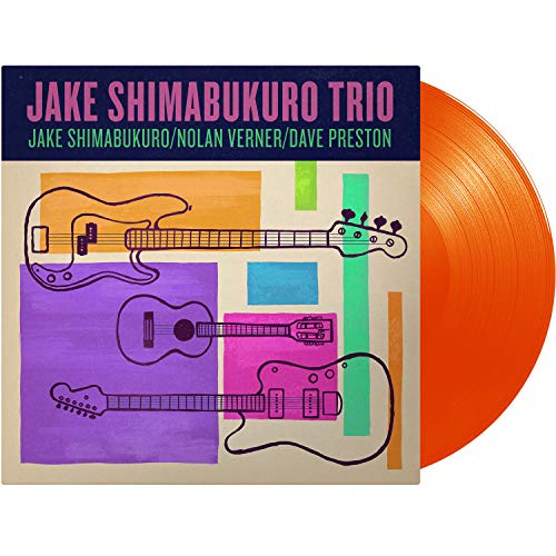 An orange vinyl record with a cover featuring three illustrated guitars.