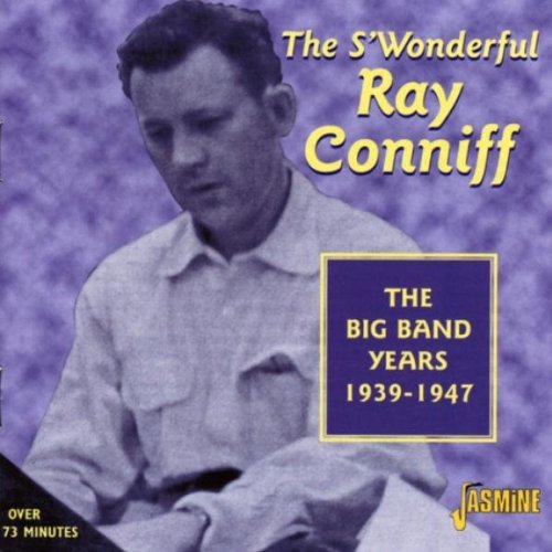 "CD cover with black and white photo of Ray Conniff and yellow text on purple background."